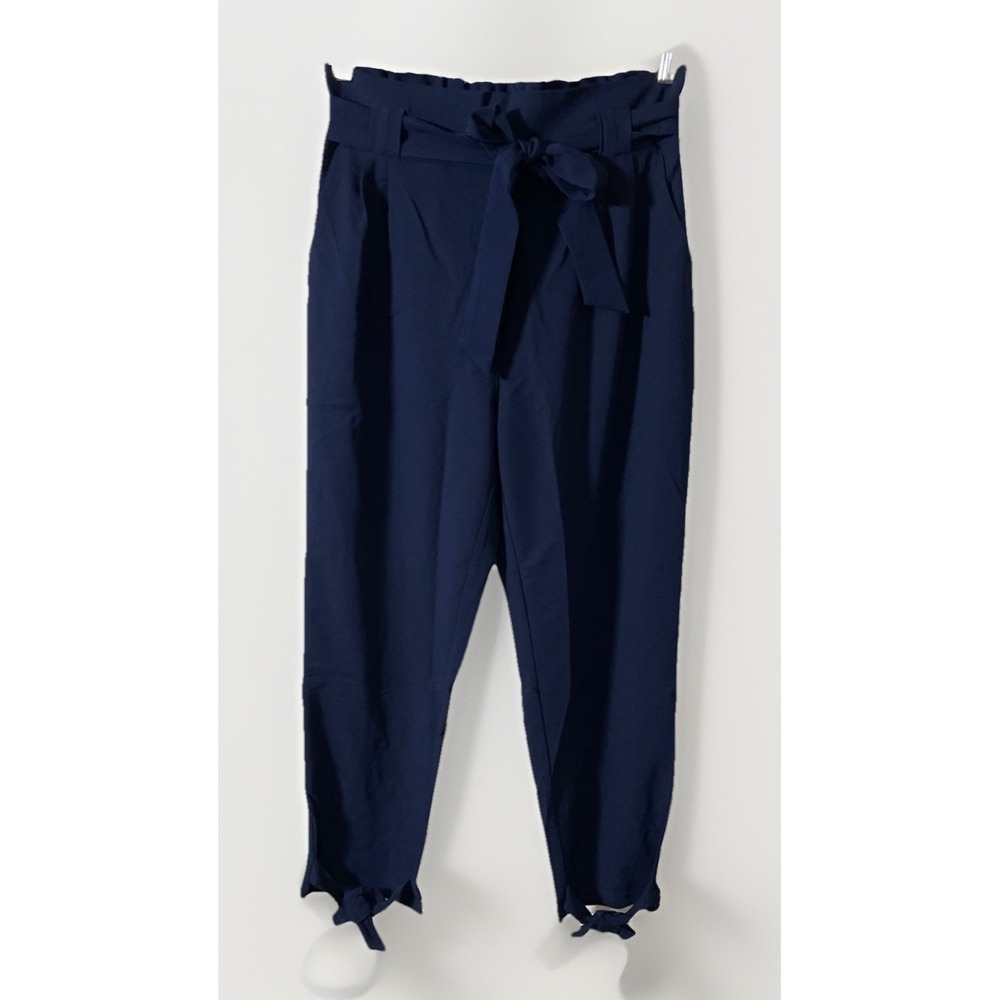 Grace Karin Cropped Paper Bag Waist Pants with Pockets Tie Waist Sz XL Navy Blue